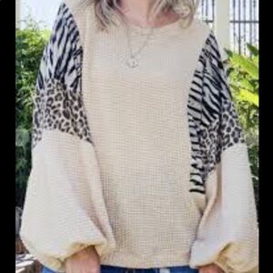 Waffle Knit Animal Block  Print Oversized  Sweater